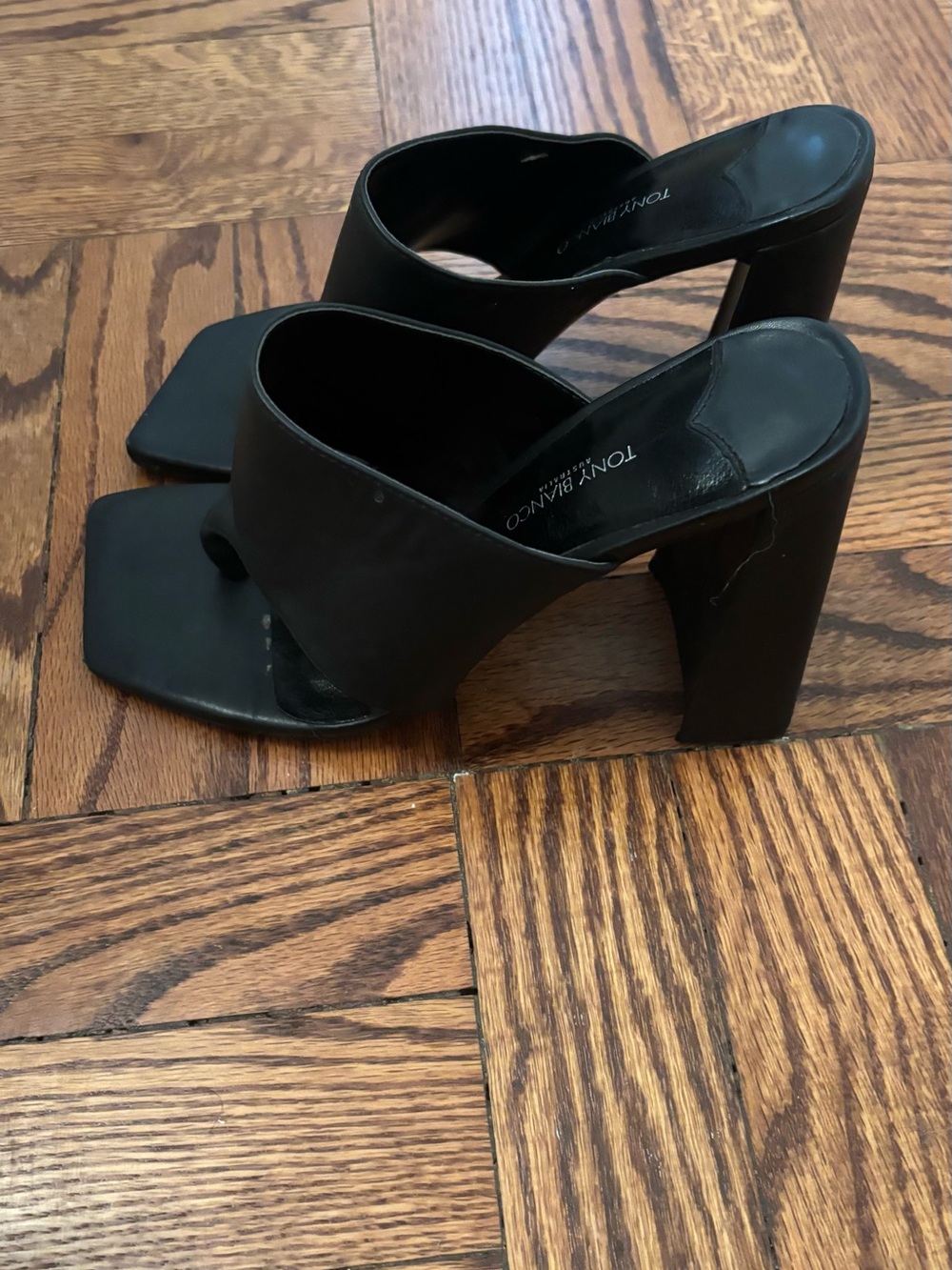 Tony Bianco Black Leather Square Toe Thong Heels - Picture 3 of 4